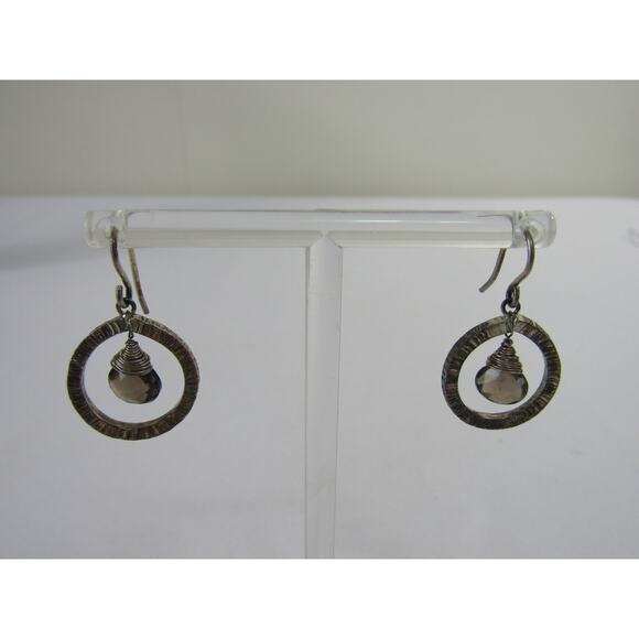 Smoky Faceted Gem Silver Tone Dangly Earrings 2 1/4" Ridges VTG Classic Oval - Picture 1 of 5